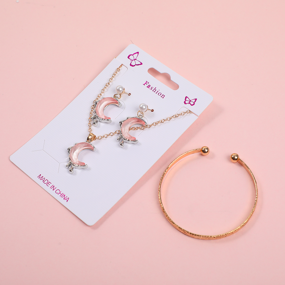 Pink Moon Pearl Necklace, Earrings and Bracelet Set