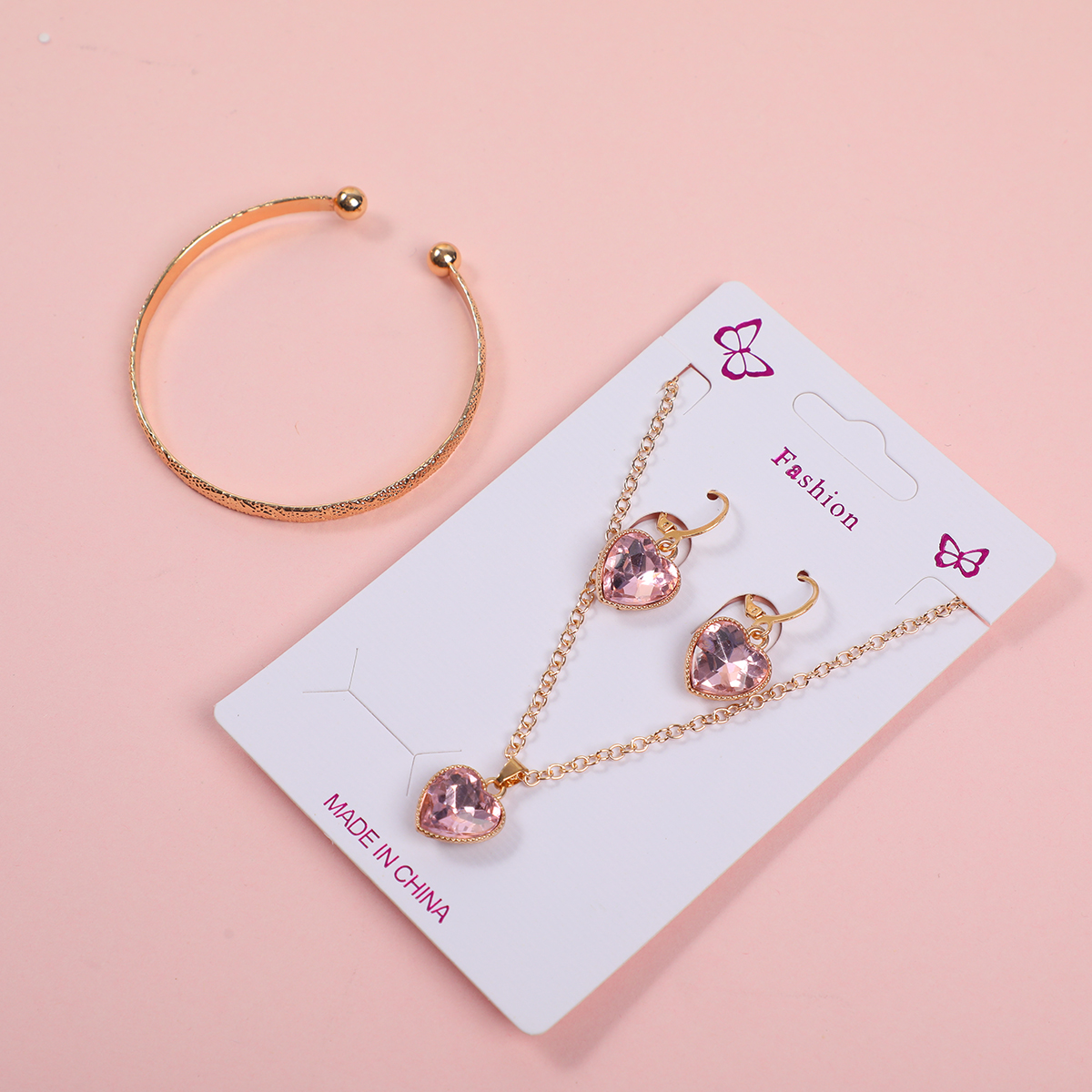 Pink Rhinestone Heart Necklace, Earrings and Bracelet Set