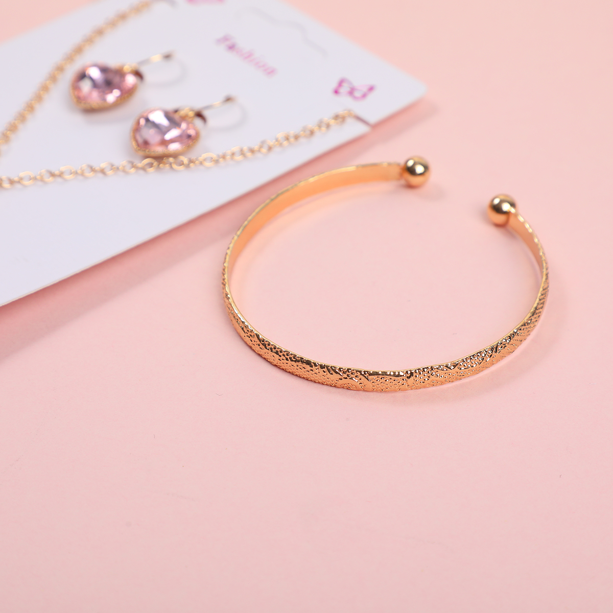 Pink Rhinestone Heart Necklace, Earrings and Bracelet Set