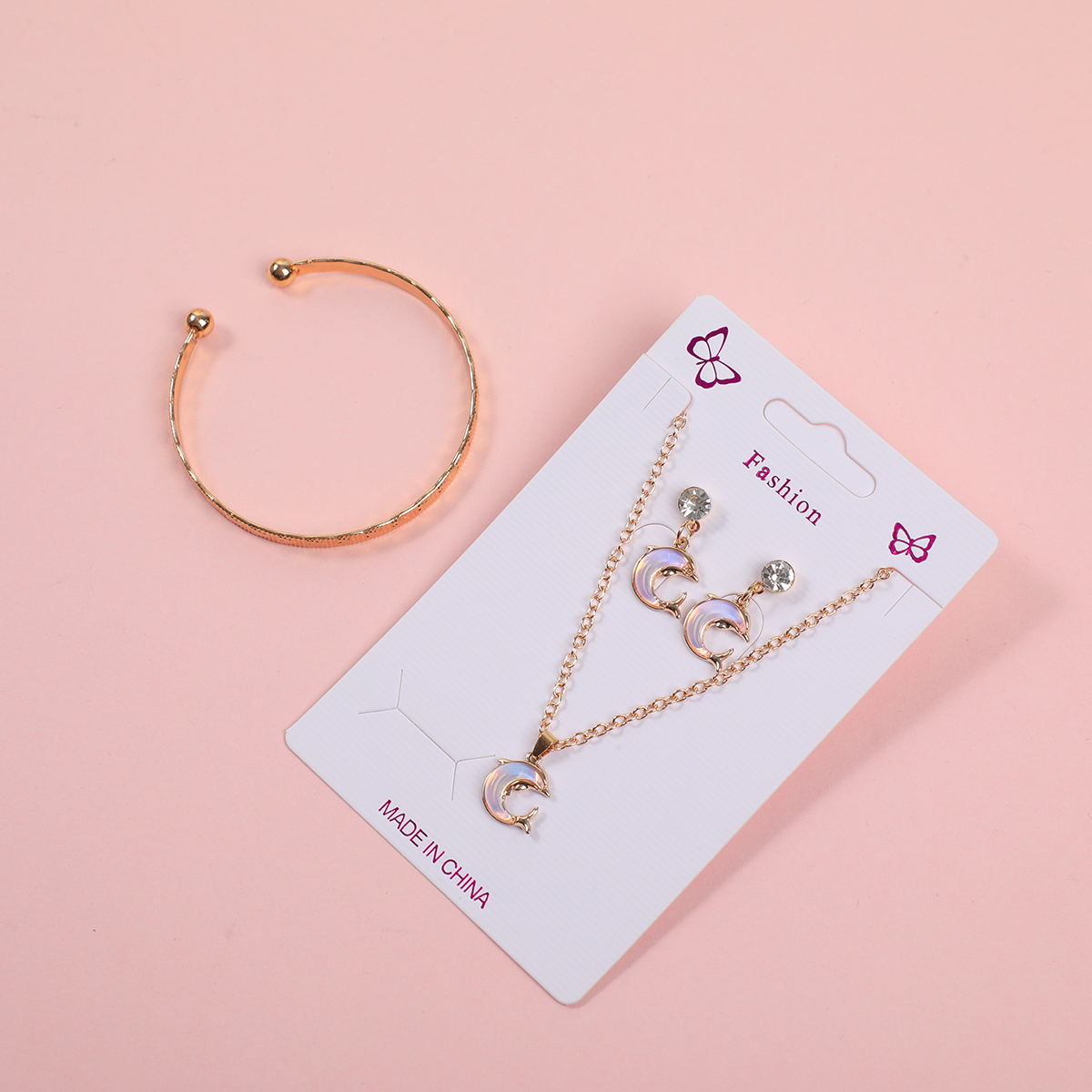 Pink Moon Zircon Necklace, Earrings and Bracelet Set