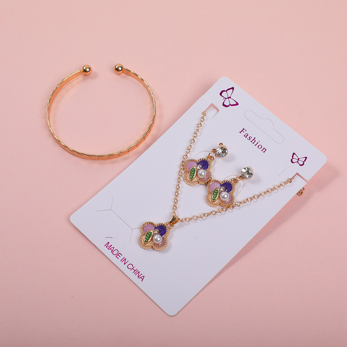 Purple Flower Pearl Necklace, Earrings and Bracelet Set