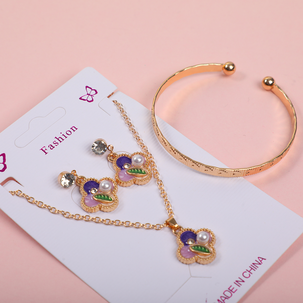 Purple Flower Pearl Necklace, Earrings and Bracelet Set