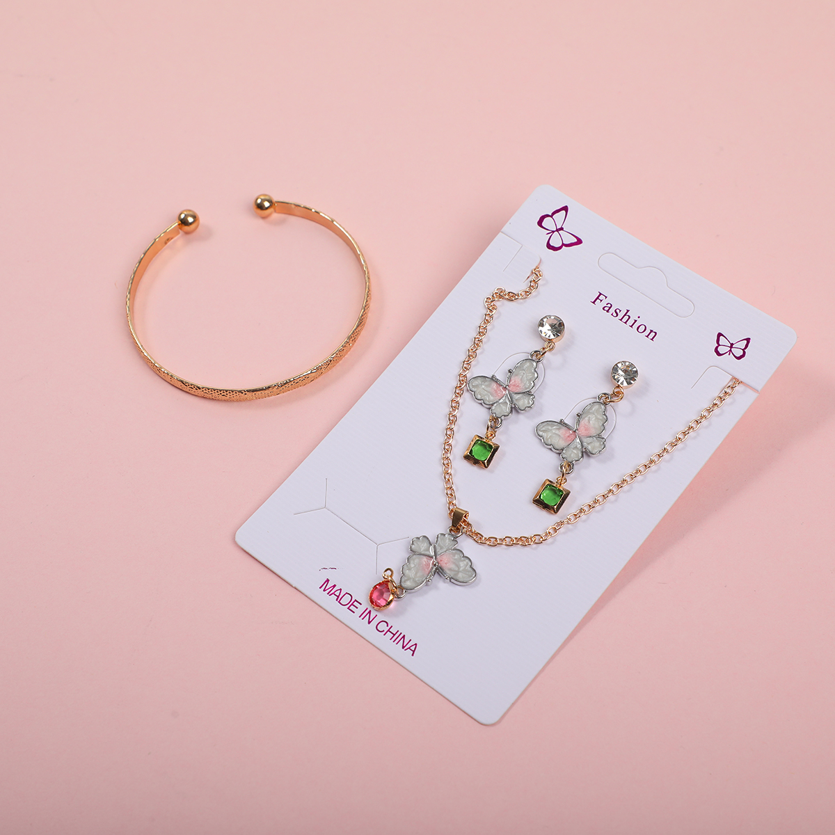 Butterfly Colorful Rhinestone Necklace, Earrings and Bracelet Set