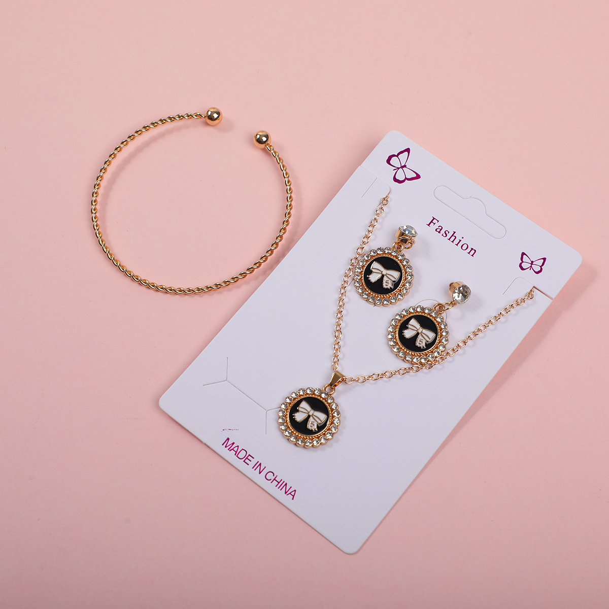 Bowknot Black Tag Necklace, Earrings and Bracelet Set