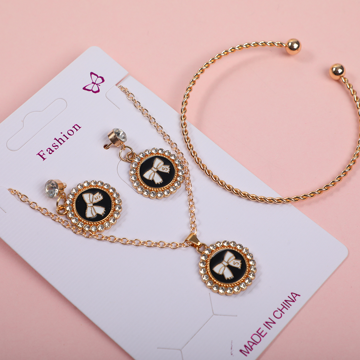 Bowknot Black Tag Necklace, Earrings and Bracelet Set
