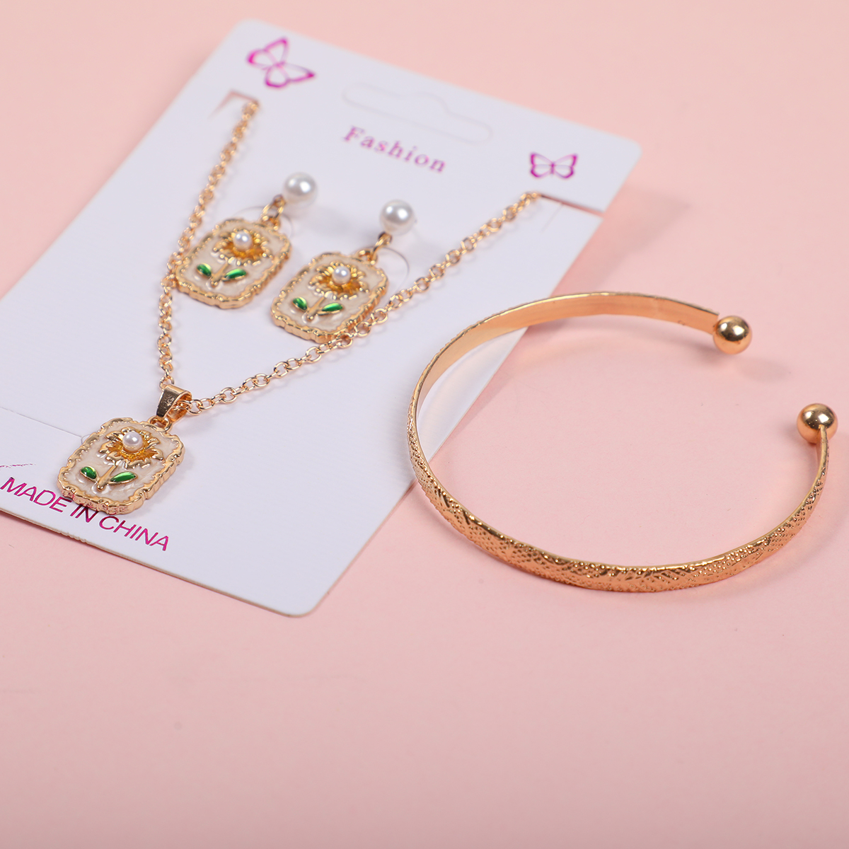 Square Floral Necklace, Earrings and Bracelet Set