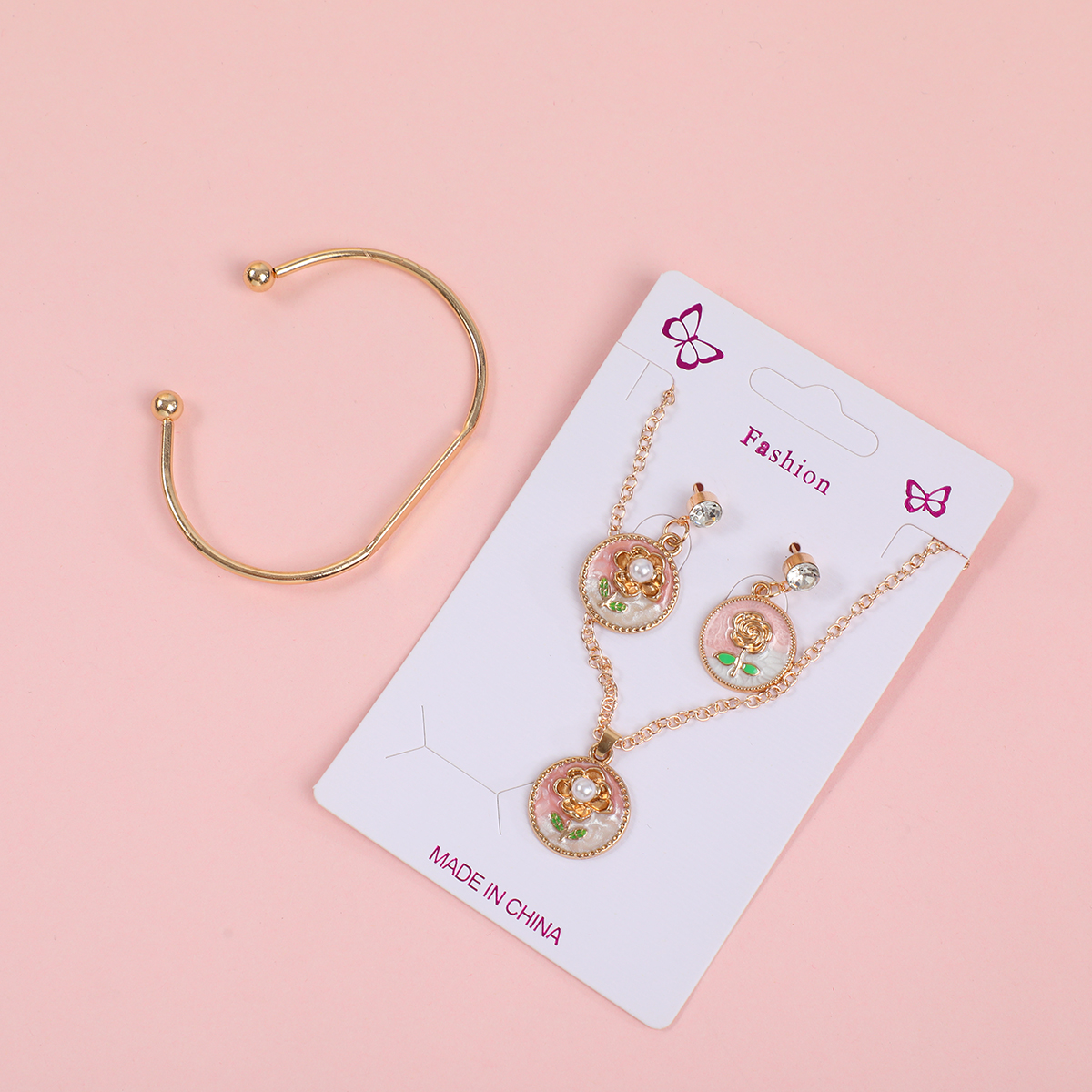 Round Floral Necklace, Earrings and Bracelet Set