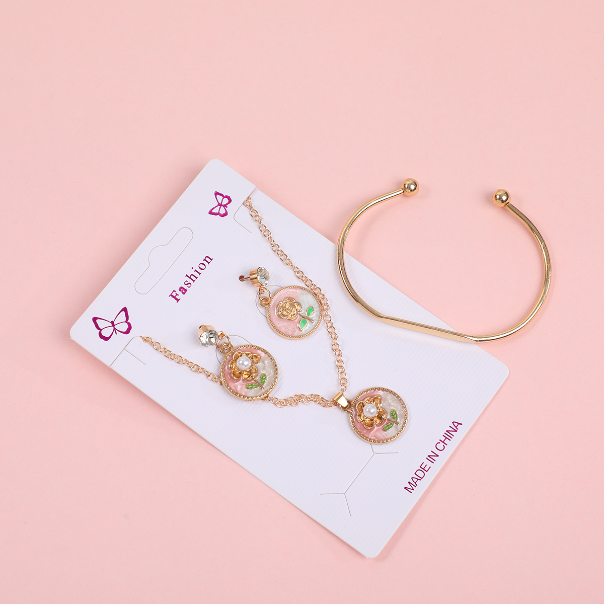 Round Floral Necklace, Earrings and Bracelet Set