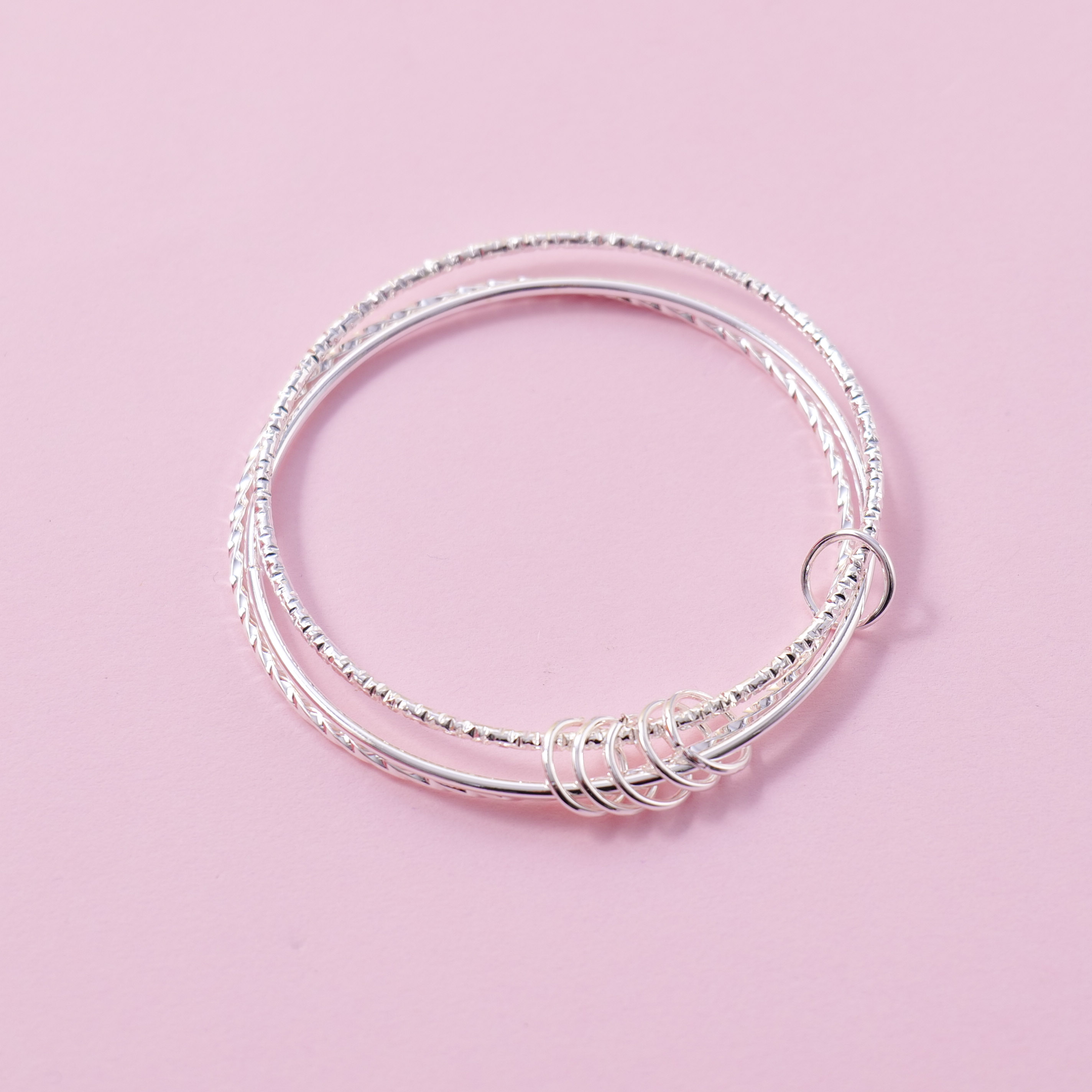 Silver Triple-Hoop Charm Bangle