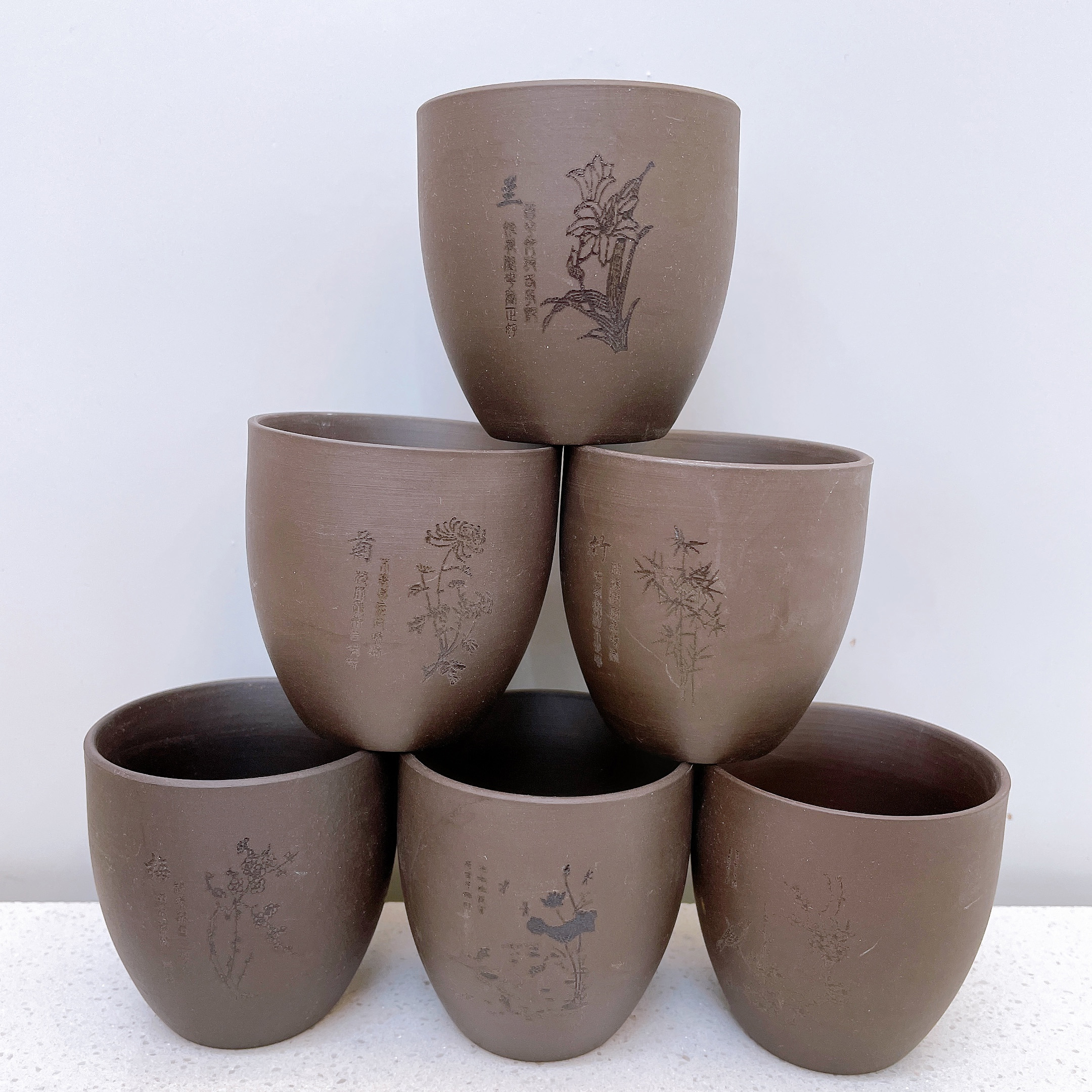 Purple clay carved Large master cup black flower 75ml