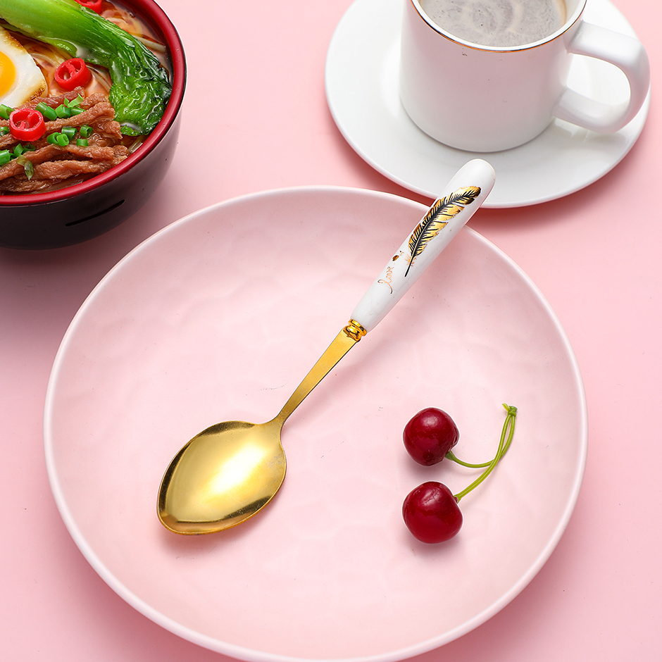 Feather ceramic handle spoon