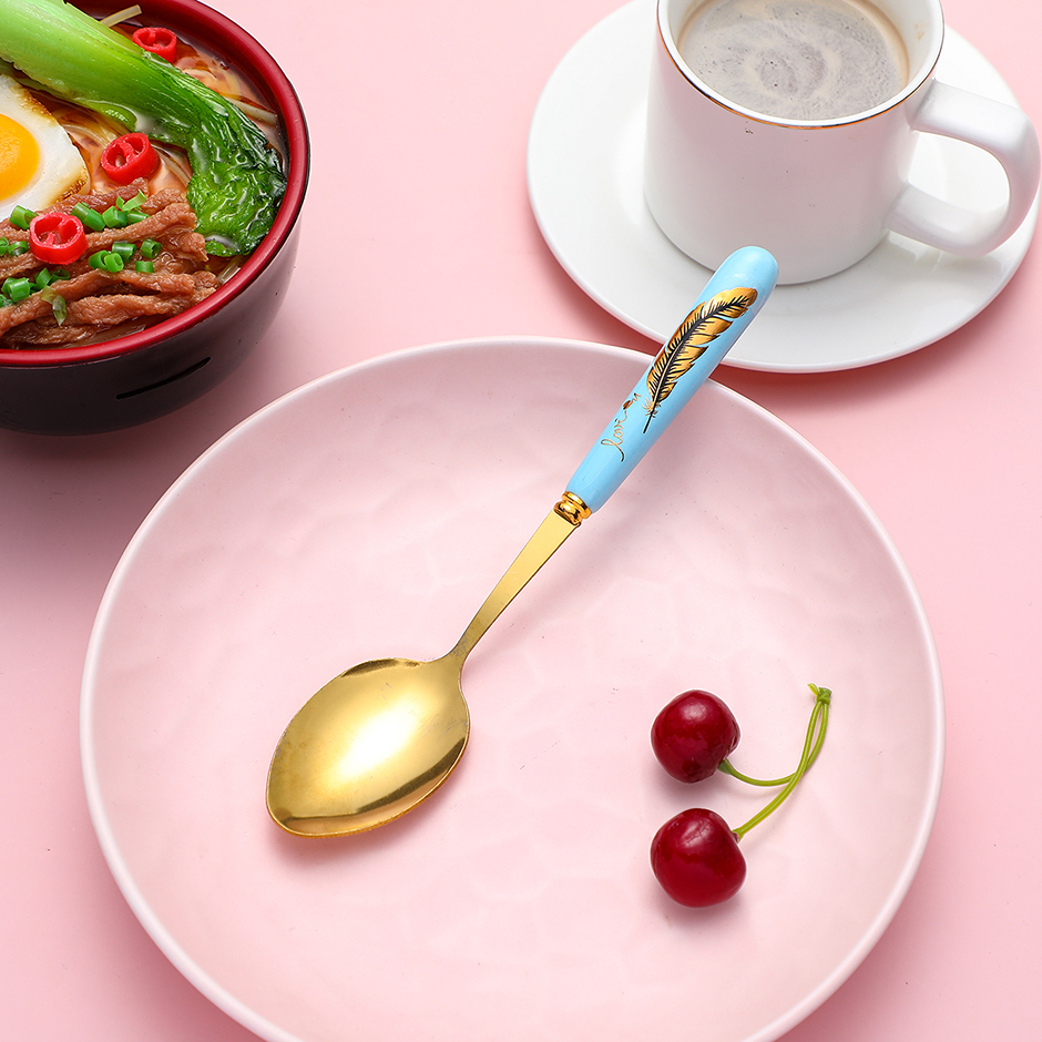Feather ceramic handle spoon