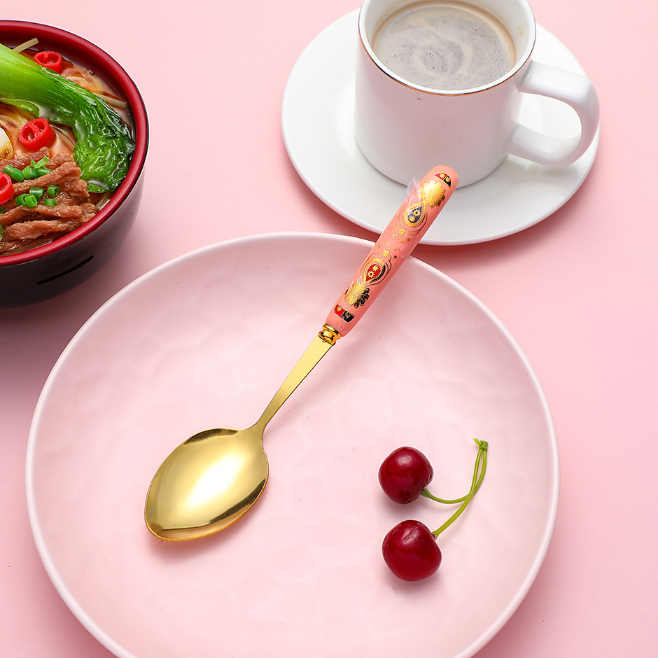 Gold plated ceramic handle color glaze 5-color spoon