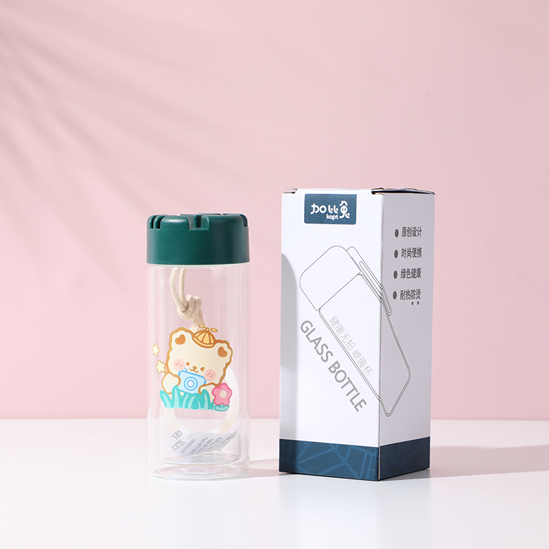 Happy animal double layer glass bottle 350ml