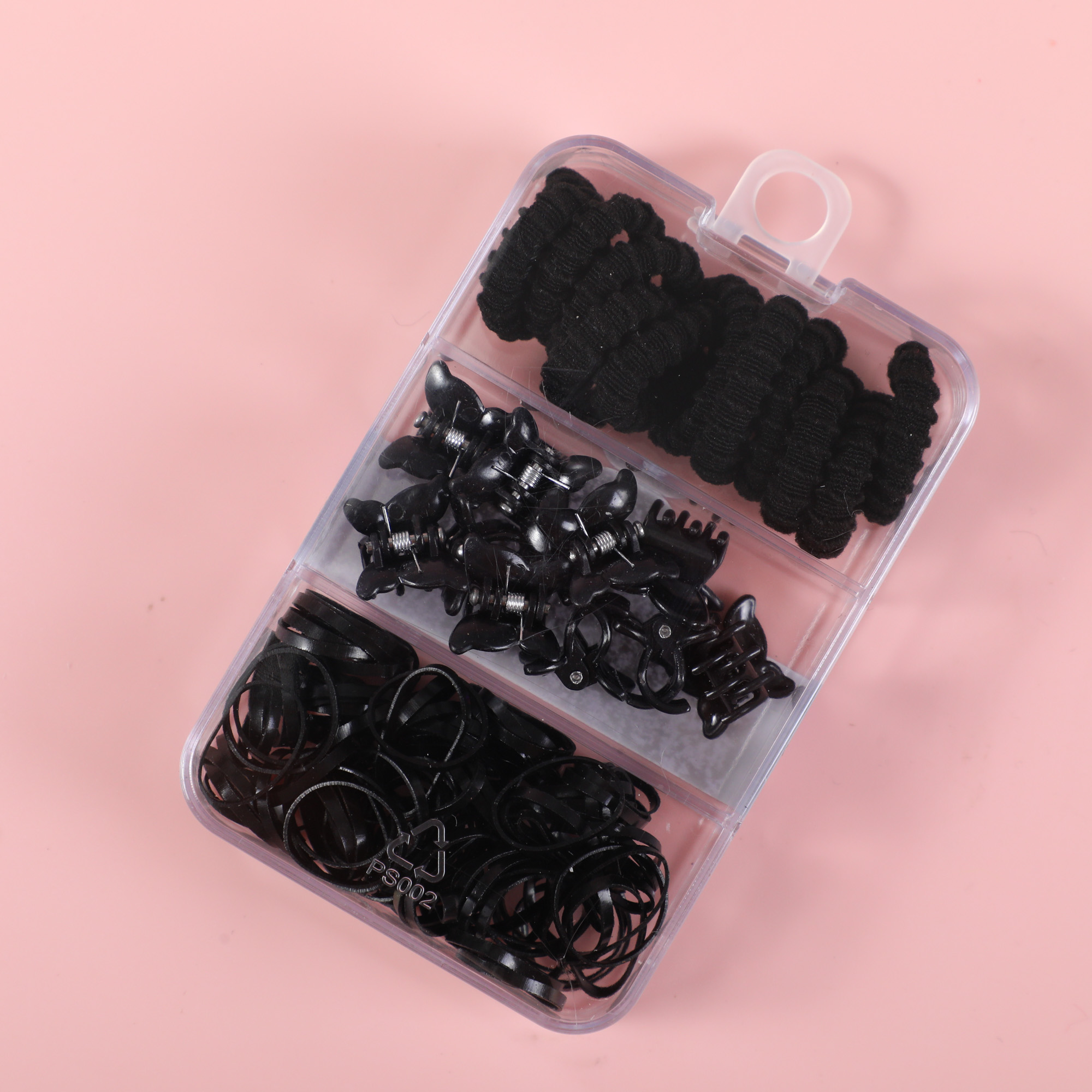Three-Compartment Disposable Hair Tie & Small Claw Ribbed Set – Black