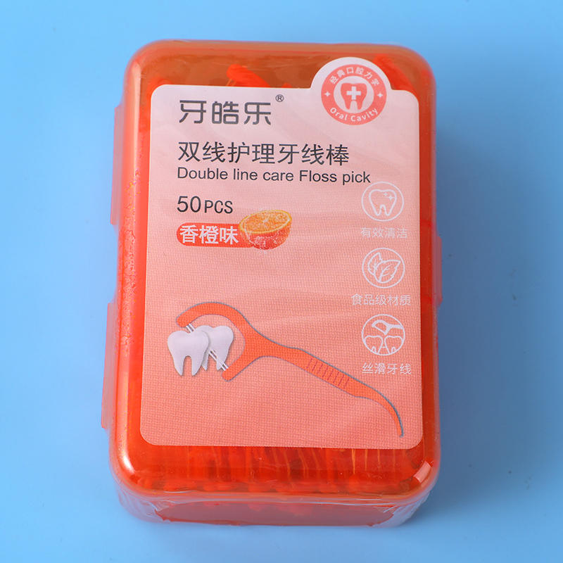 Orange flavor double line care dental floss pick 50pcs